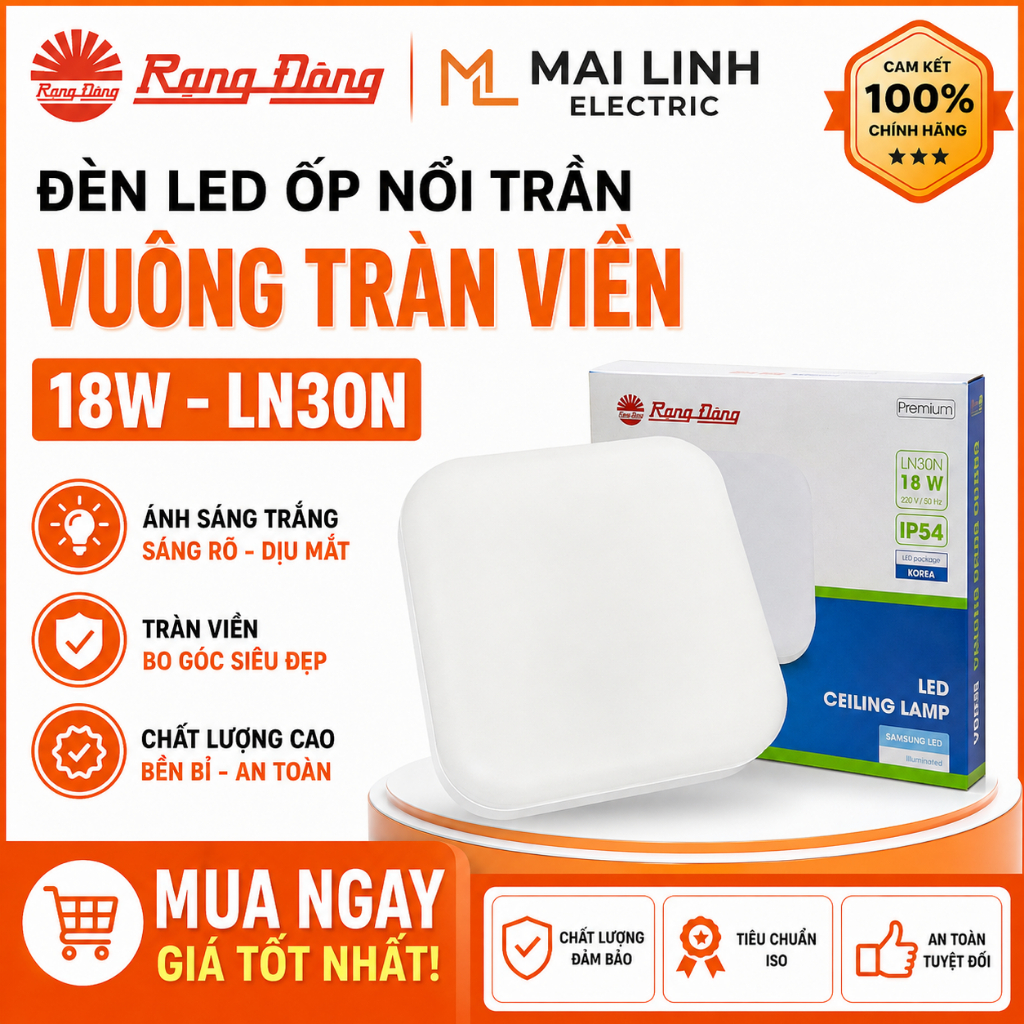 [Chính Hãng] Đèn Led ốp nổi trần (Vuông) Tràn Viền 18W Rạng Đông -Đường kính 220mm -Sáng trắng -Bo g
