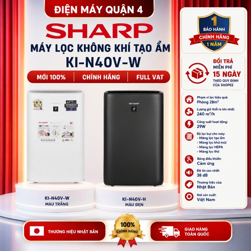 Máy Lọc Không Khí Tạo Ẩm Sharp KI-N40V-W / KI-N40V-H Plasmacluster Inverter 28m2 29W