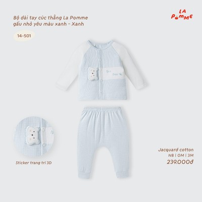 Bộ dài tay cúc thẳng La Pomme gấu nhỏ yêu màu xanh - Sợi Jacquard Cotton thoáng khí - Bé trai - NB - 3M