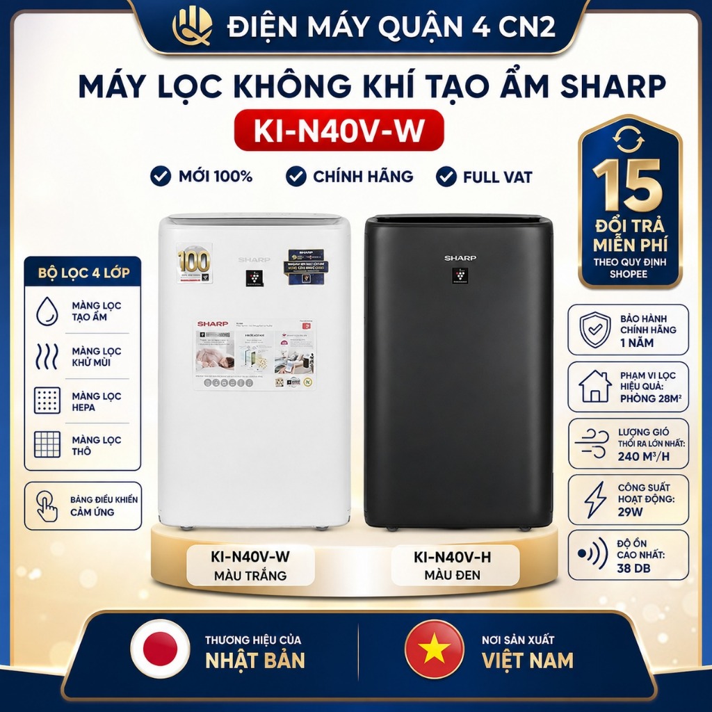 Máy Lọc Không Khí Tạo Ẩm Sharp KI-N40V-W / KI-N40V-H Plasmacluster Inverter 29W Phòng 28m2