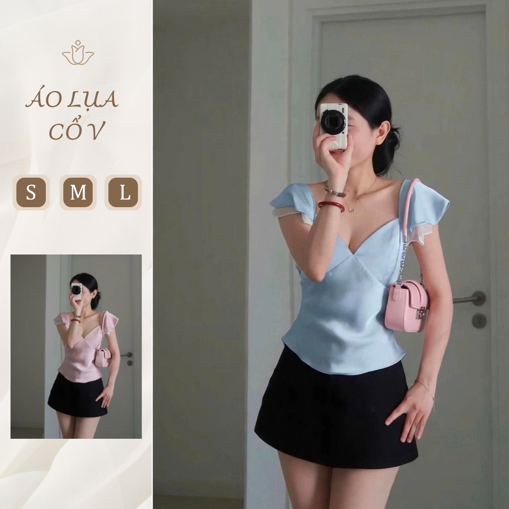 Áo lụa tay bèo cổ V, áo lụa chiết eo phong cách thanh lịch AO019