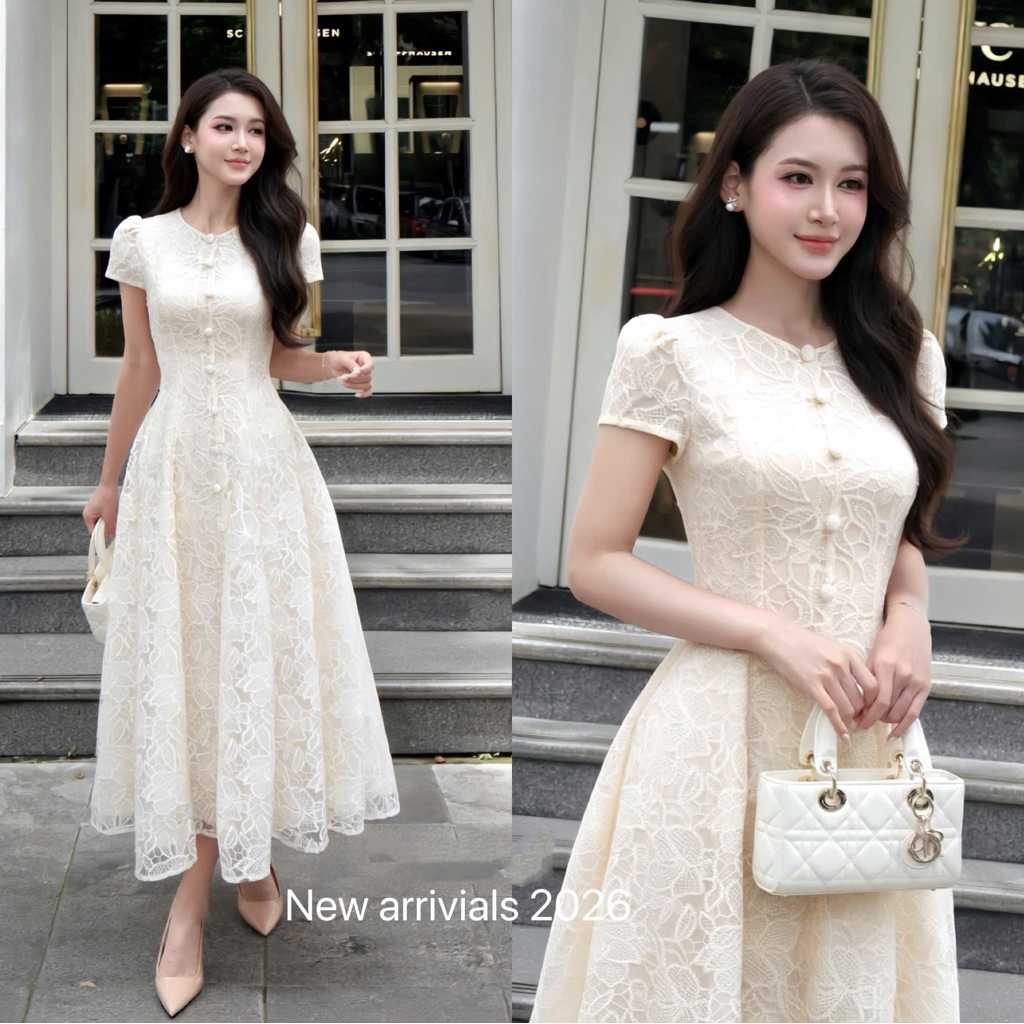 NAN Store - Váy ren thiết cổ tròn khuy bọc dáng dài xoè 2 lớp