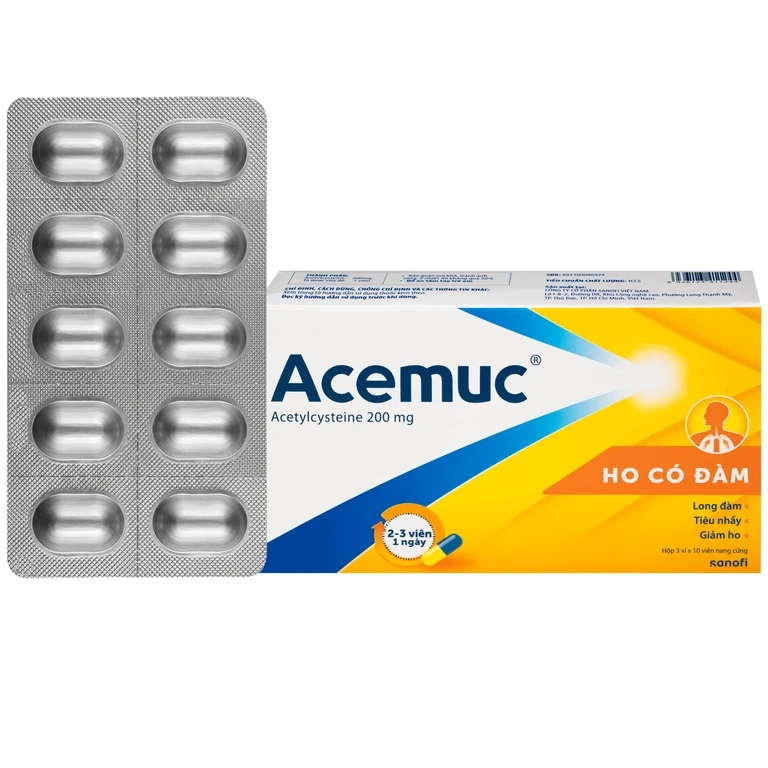 Acemuc - Thuốc ho long đờm tiêu chất nhầy đường hô hấp cấp và mãn tính - 200mg (Hộp 3 vỉ x 10 viên)