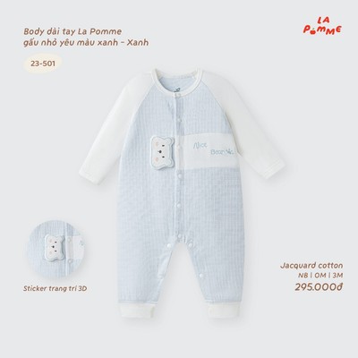 Body dài tay La Pomme gấu nhỏ yêu màu xanh - Sợi Jacquard Cotton thoáng khí - Bé trai - NB - 3M