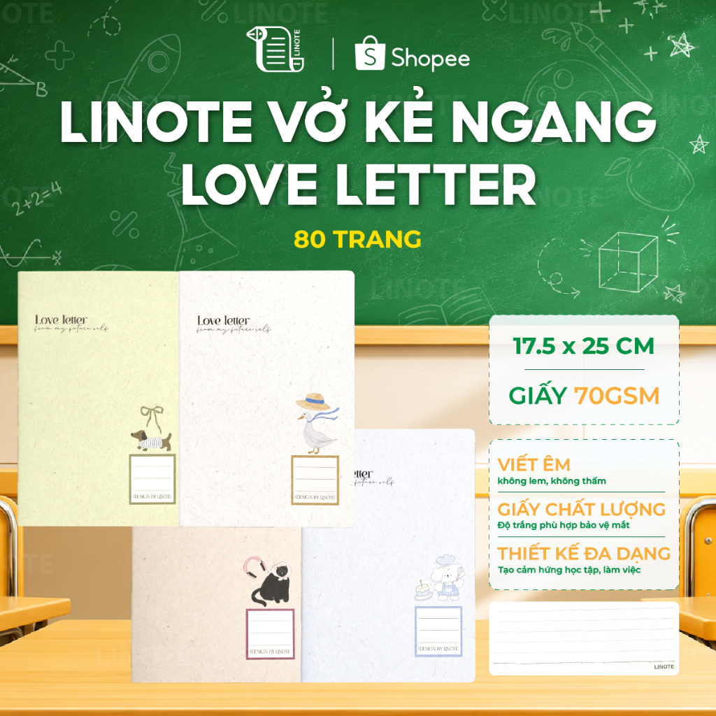 LINOTE Vở kẻ ngang LOVE LETTER dòng kẻ ngang 80 trang, định lượng 70gsm, vở ghi chép, vở học sinh