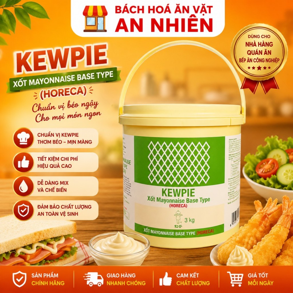 Xốt Mayo Basetype Kewpie 3kg Sốt Mayonnaise Béo Mịn Chấm Salad Sandwich Burger, Làm Chả Giò