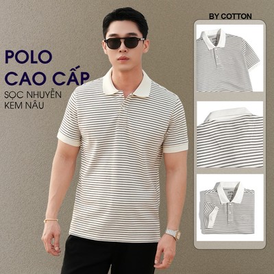 [New Deal] Áo Thun Polo Cao Cấp 2Layer Sọc Nhỏ Kem Nâu - Luôn Tặng Hộp Đóng – BY COTTON