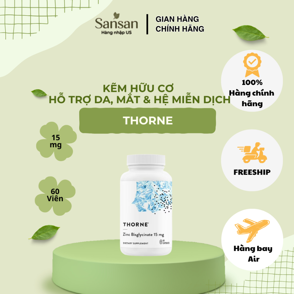Thorne Zinc Bisglycinate 15mg 60 Viên - Kẽm Hữu Cơ Hỗ Trợ Da, Mắt & Hệ Miễn Dịch