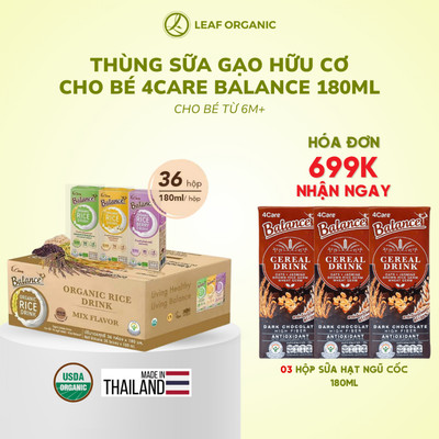 THÙNG SỮA GẠO HỮU CƠ 4CARE BALANCE 36 HỘP VỊ VANI/GẠO TÍM/KHÔNG ĐƯỜNG - 180ML/HỘP