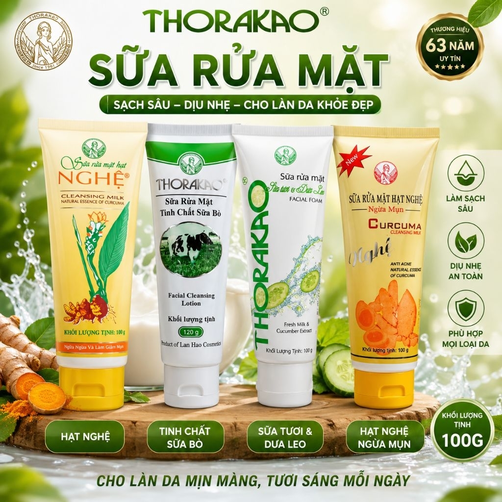 Sữa rửa mặt Thorakao hạt nghệ / hạt nghệ ngừa mụn / tinh chất sữa bò / sữa tươi và dưa leo 100gr