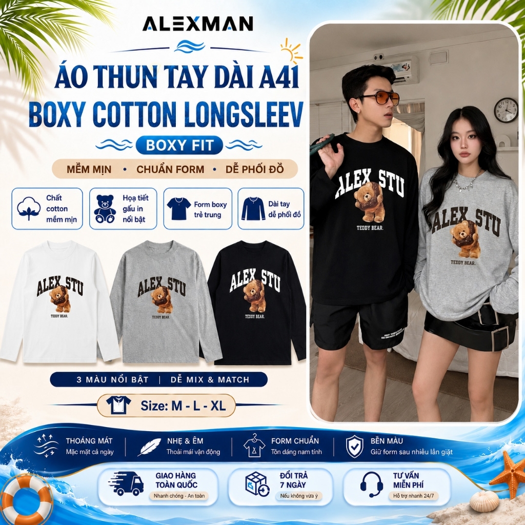 Áo Thun Tay Dài A41 Cotton Form Boxy In Gấu Unisex Nam Nữ - ALEXMAN