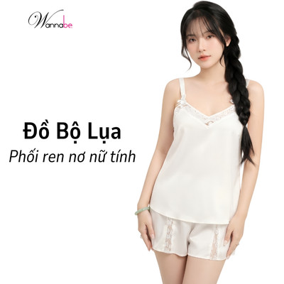 Đồ bộ mặc nhà WANNABE bộ đùi lụa quần sọt ren ống quần, áo bản vai 2cm phối ren cổ đính 2 nơ BSS54