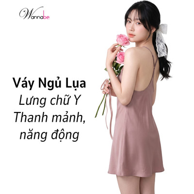 Váy ngủ lụa chính hãng WANNABE đầm ngủ 2 dây dáng midi đơn giản nữ tính lưng ba lỗ năng động DNS86