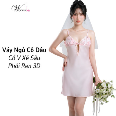 Váy ngủ lụa latin WANNABE cổ V xẻ sâu phối ren 3d váy ngủ cô dâu cho đêm tân hôn sang trọng