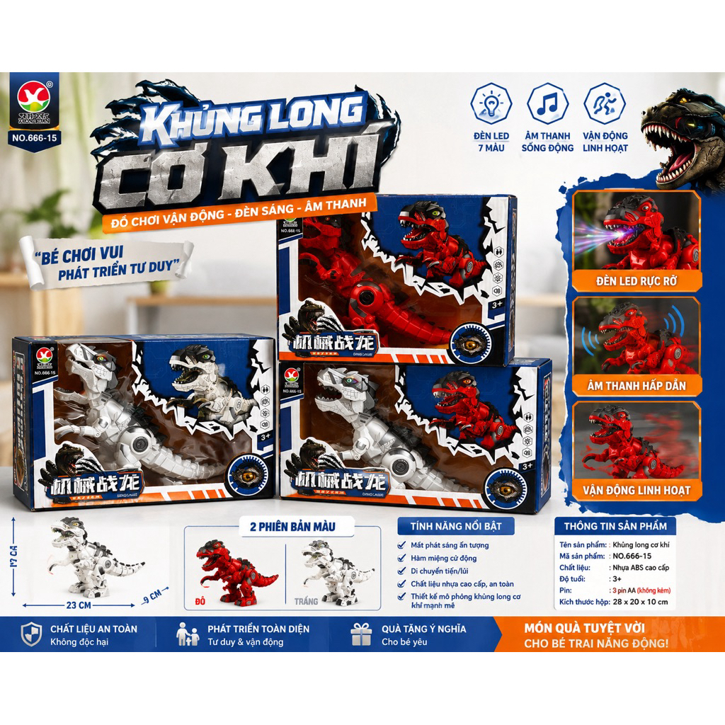 🦖 KHỦNG LONG CƠ KHÍ NO.666-15 – ĐÈN LED 7 MÀU, ÂM THANH, CHUYỂN ĐỘNG