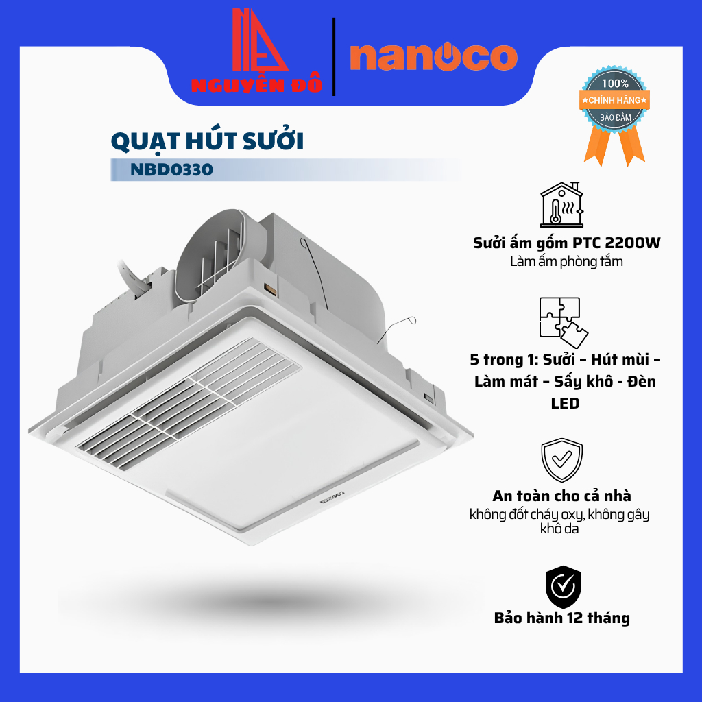 Quạt Hút Sưởi Nhà Tắm Nanoco NBD0330 5 Trong 1 - Công Suất 2200W, Remote Điều Khiển Từ Xa