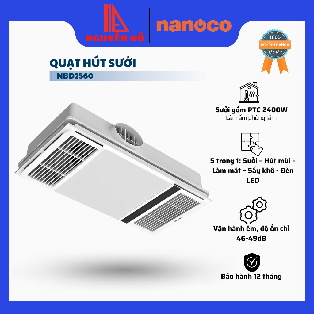 Quạt Hút Sưởi Nhà Tắm Nanoco NBD2560 5 Trong 1 - Công Suất 2400W, Remote Điều Khiển Từ Xa
