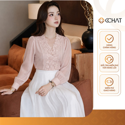 Áo Kiểu Nữ 𝐂𝐂𝐇𝐀𝐓 Dáng Suông Cổ V Đè Ren Trang Trí Chất Liệu Tơ Mềm Mại 16FDV2161ST