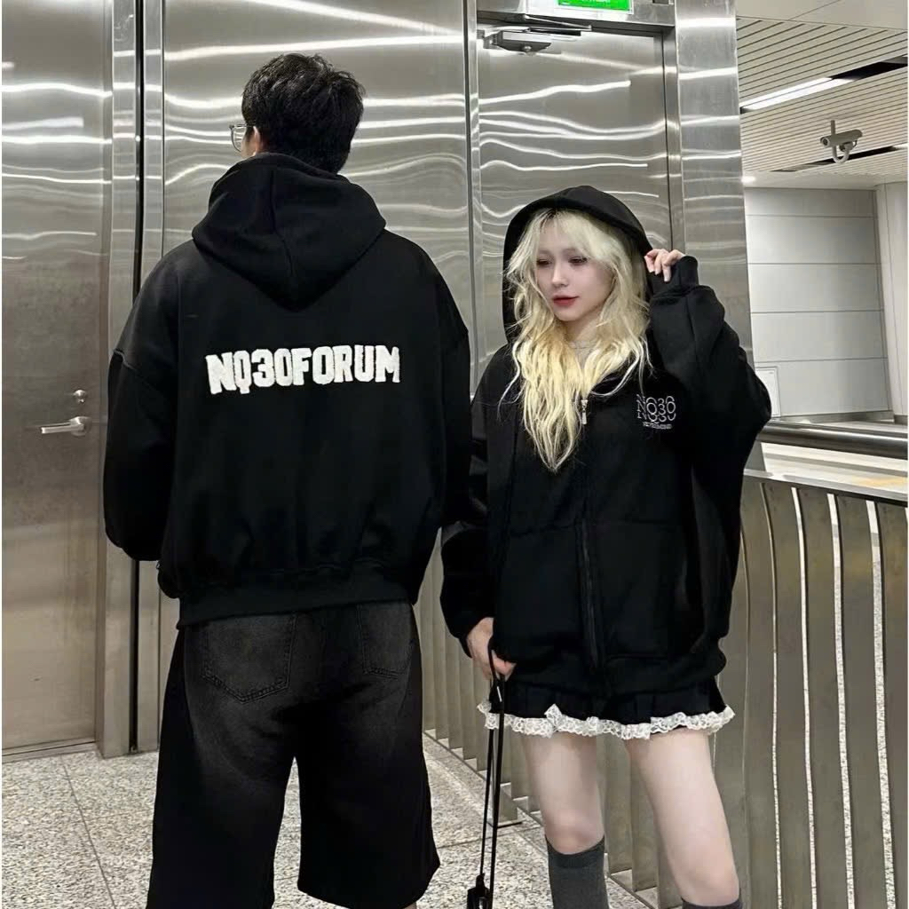 Áo Hoodie Đen  Khóa Zip Form Boxy NQ30 Form Rộng Nam Nữ Unisex_Áo Khóa Kéo NQ30 M31