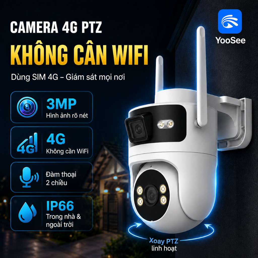 YOOSEE Camera 4G Ngoài Trời PTZ 3MP Camera 360 Độ Không Cần WiFi Dùng SIM 4G Giám Sát Từ Xa IP66