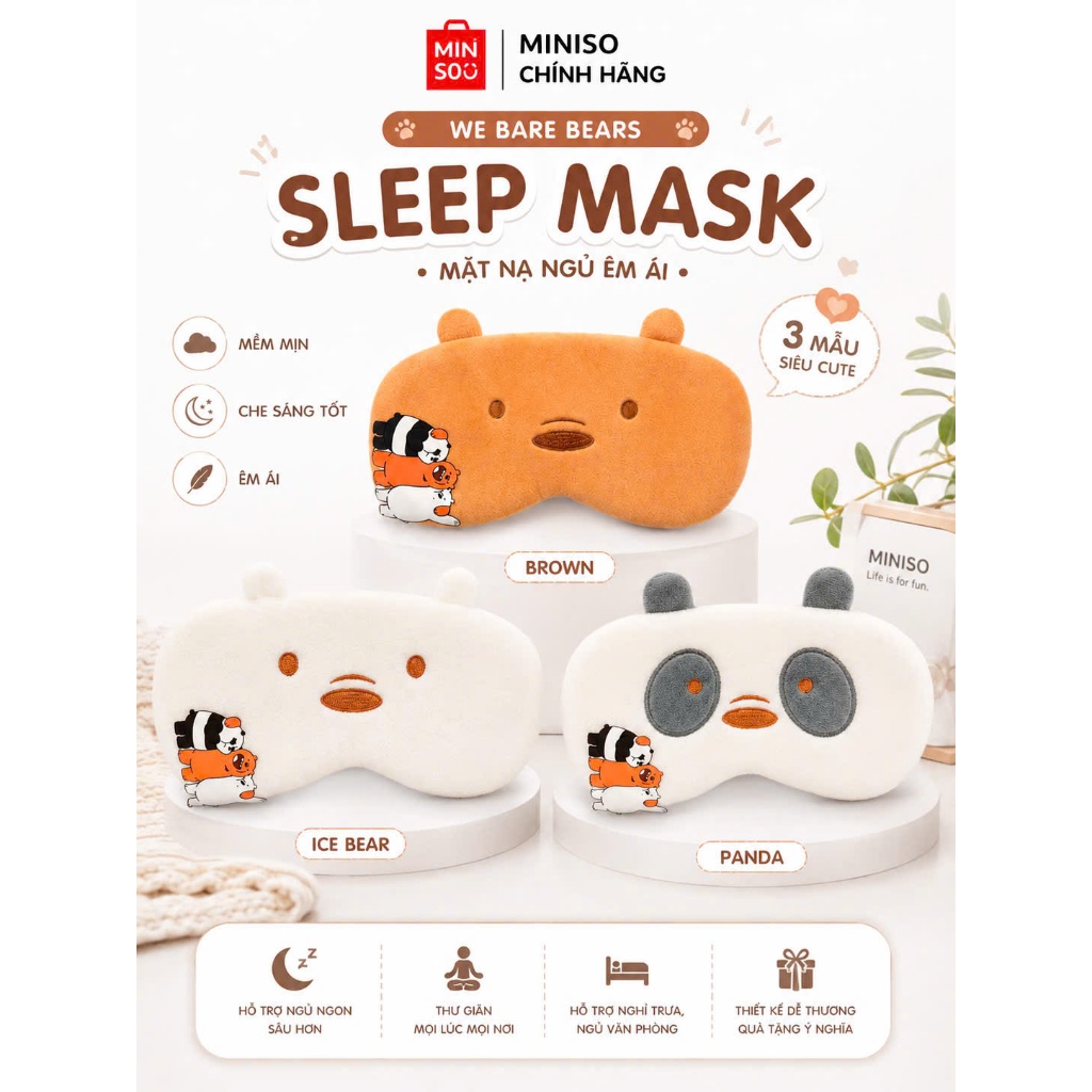 Mặt nạ ngủ WE BARE BEARS MINISO chính hãng mềm mịn che sáng tốt êm ái giúp hỗ trợ ngủ ngon.