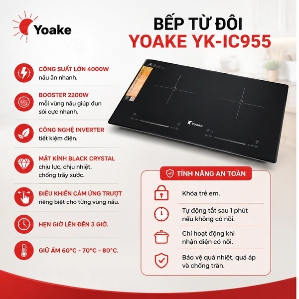 Bếp Từ Đôi Yoake YK-IC955 4000W, Booster 2200W, Inverter Tiết Kiệm Điện, Cảm Ứng Trượt, Lắp Âm Dương