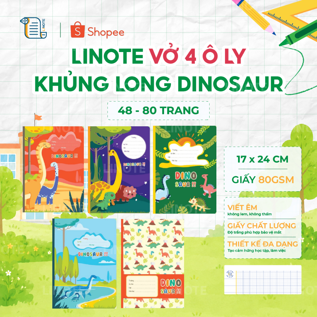LINOTE Vở 4 Ô Ly Dinosaur Khủng Long 48-80 Trang Giấy 80gsm Giấy Dày Luyện Chữ Đẹp Vở Học Sinh Tiểu 