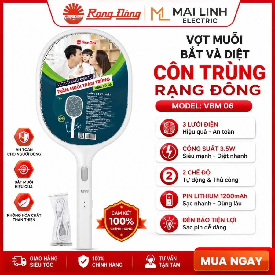 (Chính Hãng) Vợt muỗi bắt và diệt côn trùng Rạng Đông -MPE -Công Suất 3.5 Siêu Mạnh bằng 3 lưới điện