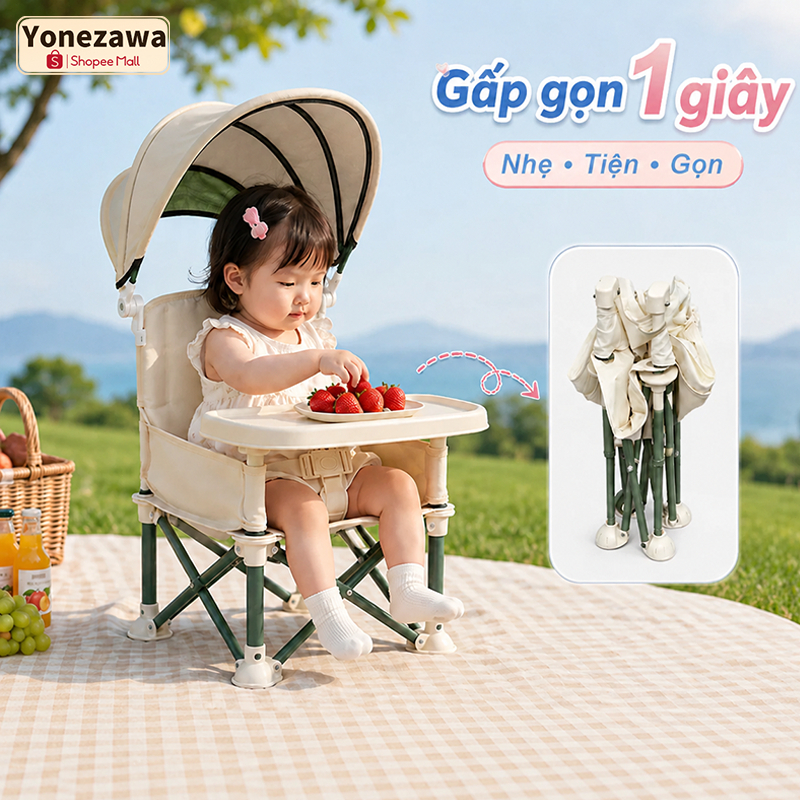 Ghế ăn dặm cho bé Beige gấp gọn đa năng, kèm bàn ăn tháo rời, dễ vệ sinh, ghế ngồi ăn tiện lợi cho b