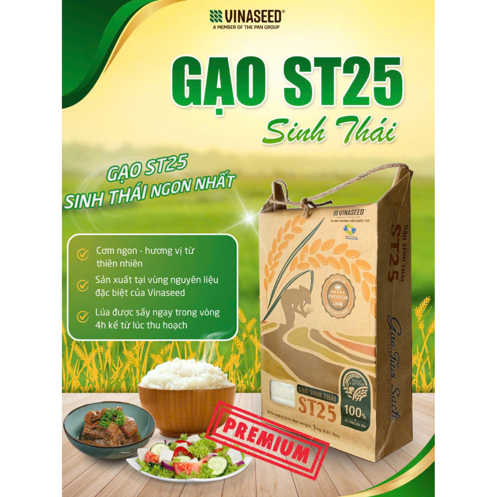 [Mới 3kg] Gạo ST25 Sinh Thái Vinaseed túi 3kg - Cơm ngon hương vị tự nhiên