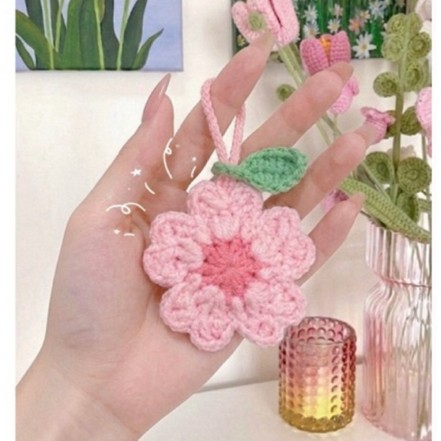 Móc khoá len hoa anh đào handmade - Cherry Blossom hồng ngọt ngào, decor túi xách