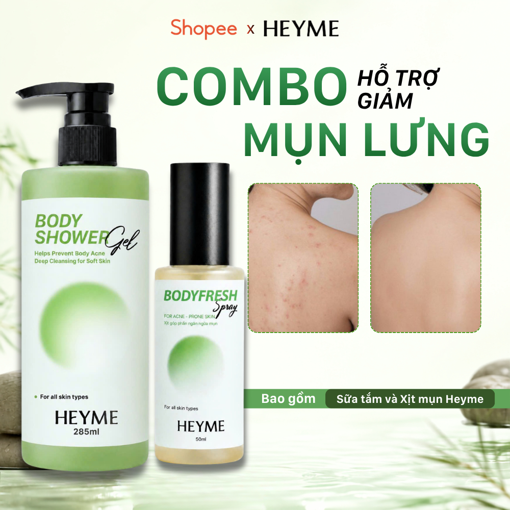 Combo hỗ trợ giảm mụn HEYME - Sữa tắm BodyShower Gel 385ml và BodyFresh Spray 50ml