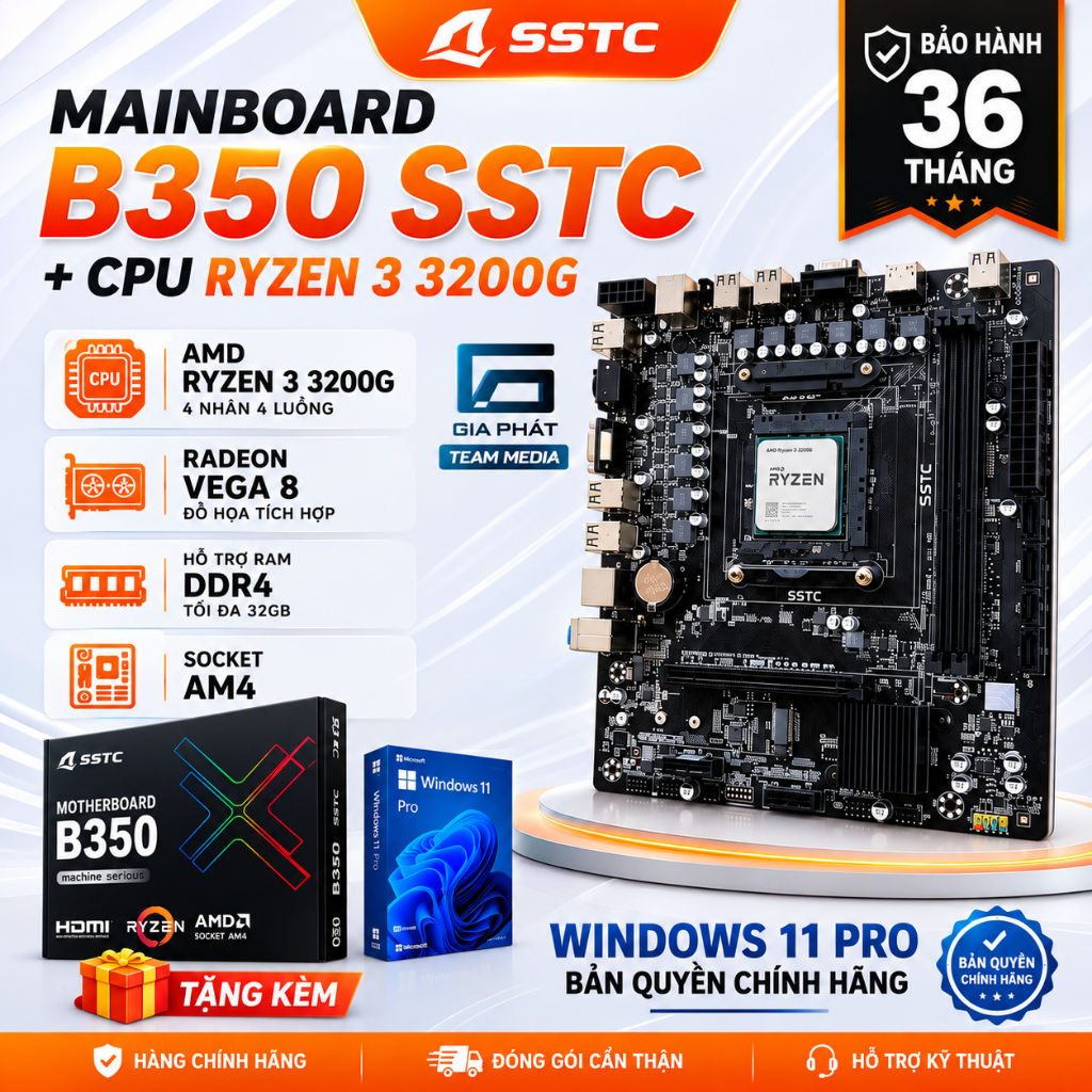 Mainboard AMD B350 SSTC + CPU Ryzen 3 3200G BH 36 Tháng | Tặng Windows 11 Pro bản quyền
