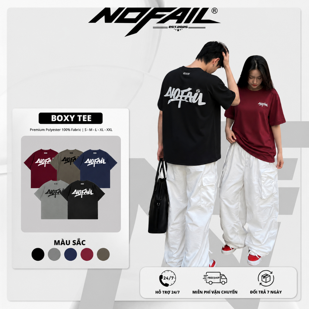 Áo Thun Form Boxy Nam Nữ Unisex Local Brand " No Fail ", Áo Polyester Cổ Tròn…