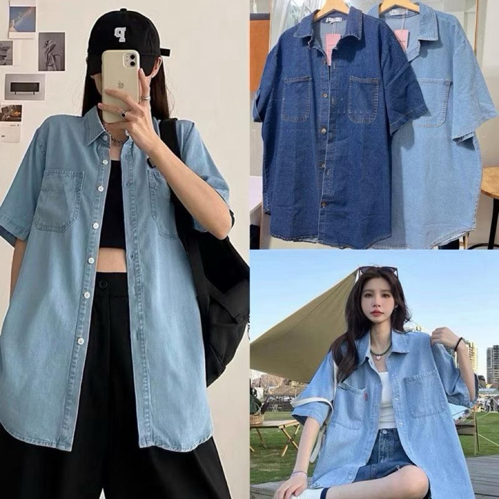 HV- Áo Sơ Mi Nữ Jean UNISEX Form Rộng Cộc Tay Sẻ Vạt Cá Tính, Áo Sơ Mi Jean Nữ