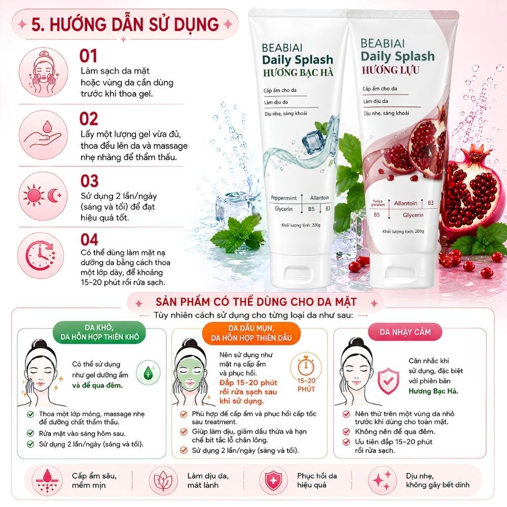 Ảnh 11 của Gel dưỡng nha đam BEABIAI DAILY SPLASH Cấp Ẩm, Làm Dịu, Làm Mát, Phục Hồi Da Hiệu Quả 200g