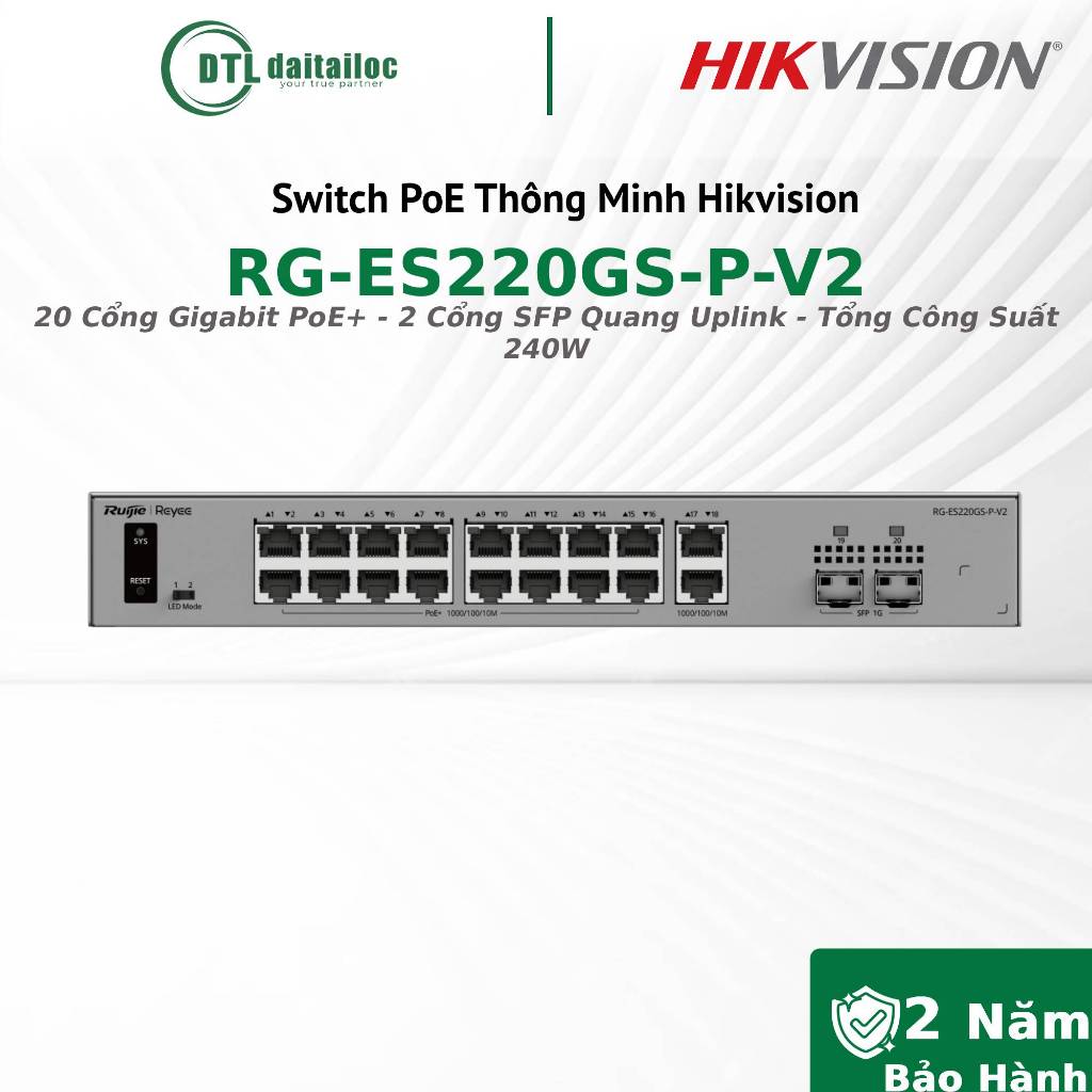 Switch POE RUIJIE RG-ES220GS-P-V2 20 Cổng Gigabit PoE+ - 2 Cổng SFP Quang Uplink 240w | Chính Hãng /