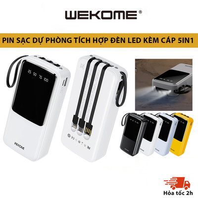 [5IN1] Sạc Dự Phòng WP09 WP10 10000mAh 20000mAh, Tích Hợp 3 Cáp Sạc, 2 Cổng USB, Đèn LED, Thiết Kế Nhỏ Gọn