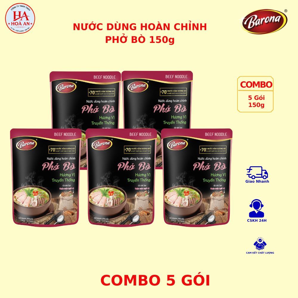 (COMBO 5 Gói): Nước Dùng Hoàn Chỉnh BARONA Hương Vị PHỞ BÒ 150g