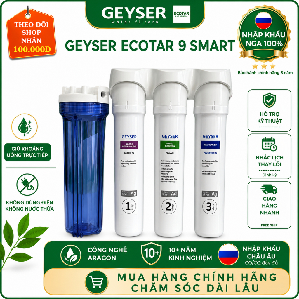 Máy Lọc Nước Chuẩn Khoáng GEYSER ECOTAR 9 SMART + Tặng Cột UF - Hàng chính hãng