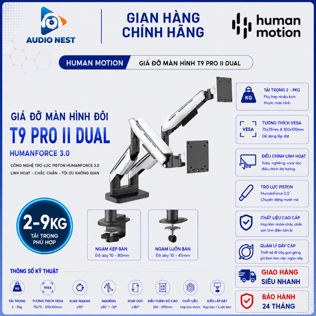 Giá Đỡ Màn Hình Human Motion T9 Pro II Dual - Công Nghệ Trợ Lực Piston HumanForce 3.0