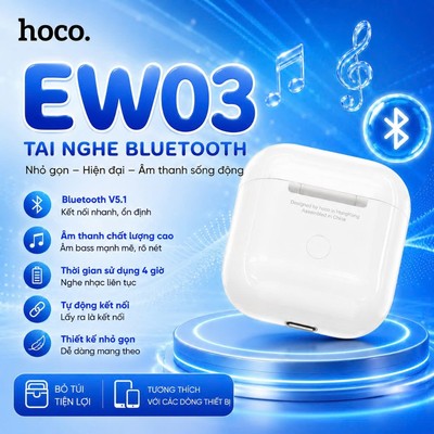 Tai nghe Bluetooth V5.1 Hoco EW03 , âm thanh sống động, pin 250mAh, kết nối nhiều thiết bị