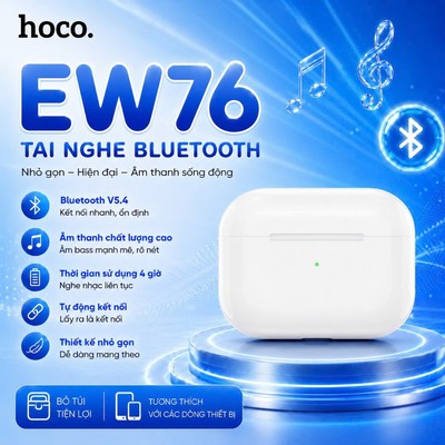Tai nghe bluetooth V5.4 Hoco EW76 dung lượng pin 300mAh, dùng đến 4 giờ, tương thích nhiều thiết bị