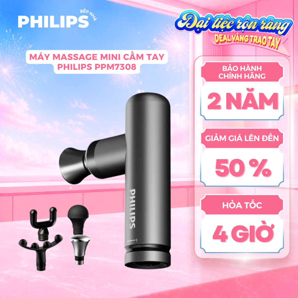 Máy Massage Mini Cầm Tay PHILIPS PPM 7308 - Massage Toàn Thân 4 Đầu Massage, Bảo Hành 2 Năm