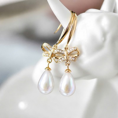 Bông Tai Nơ Đính Ngọc Trai Giọt Nước Màu Trắng Ánh Hồng Sáng 5A Hình Nơ Đính Đá - Ngọc Trai Trường Thịnh