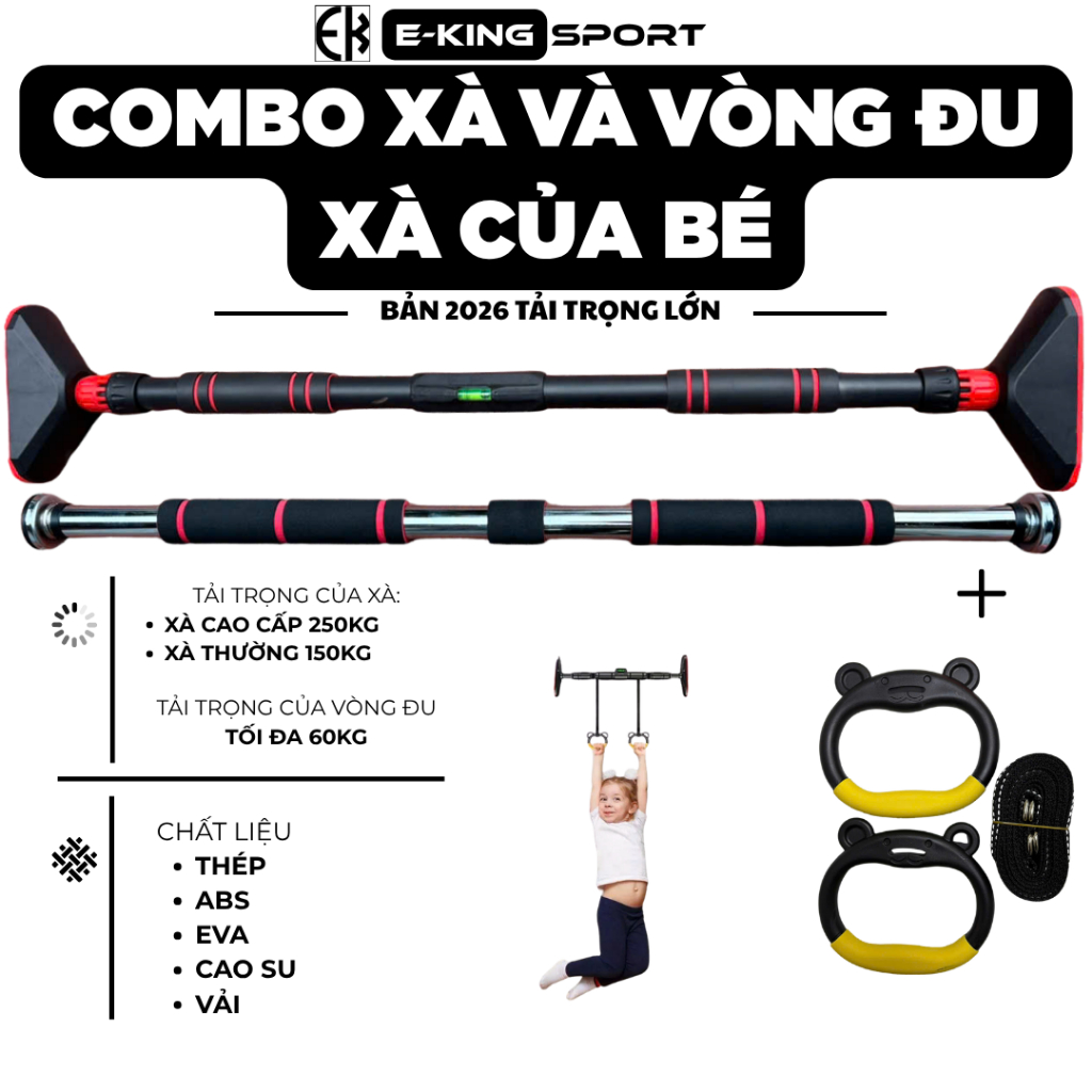 Combo xà đơn gắn cửa, tường e-king sport và vòng tay đu xà cho bé
