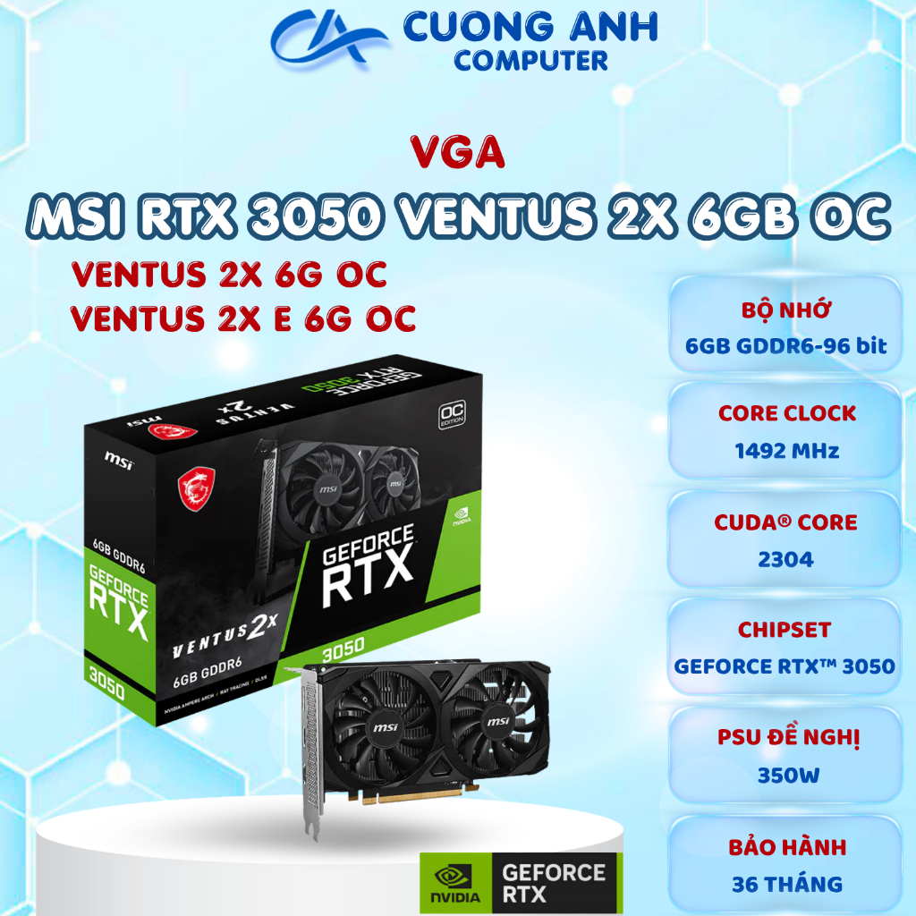 Card màn hình MSI RTX 3050 VENTUS 2X E 6GB OC. Hàng mới chính hãng