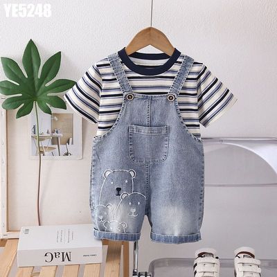 Set Bộ Đồ Áo Thun Tay Ngắn Quần Yếm Jean Hình Vịt Cho Bé Trai 1-5 Tuổi MINTSCLOSET Quảng Châu YE5240