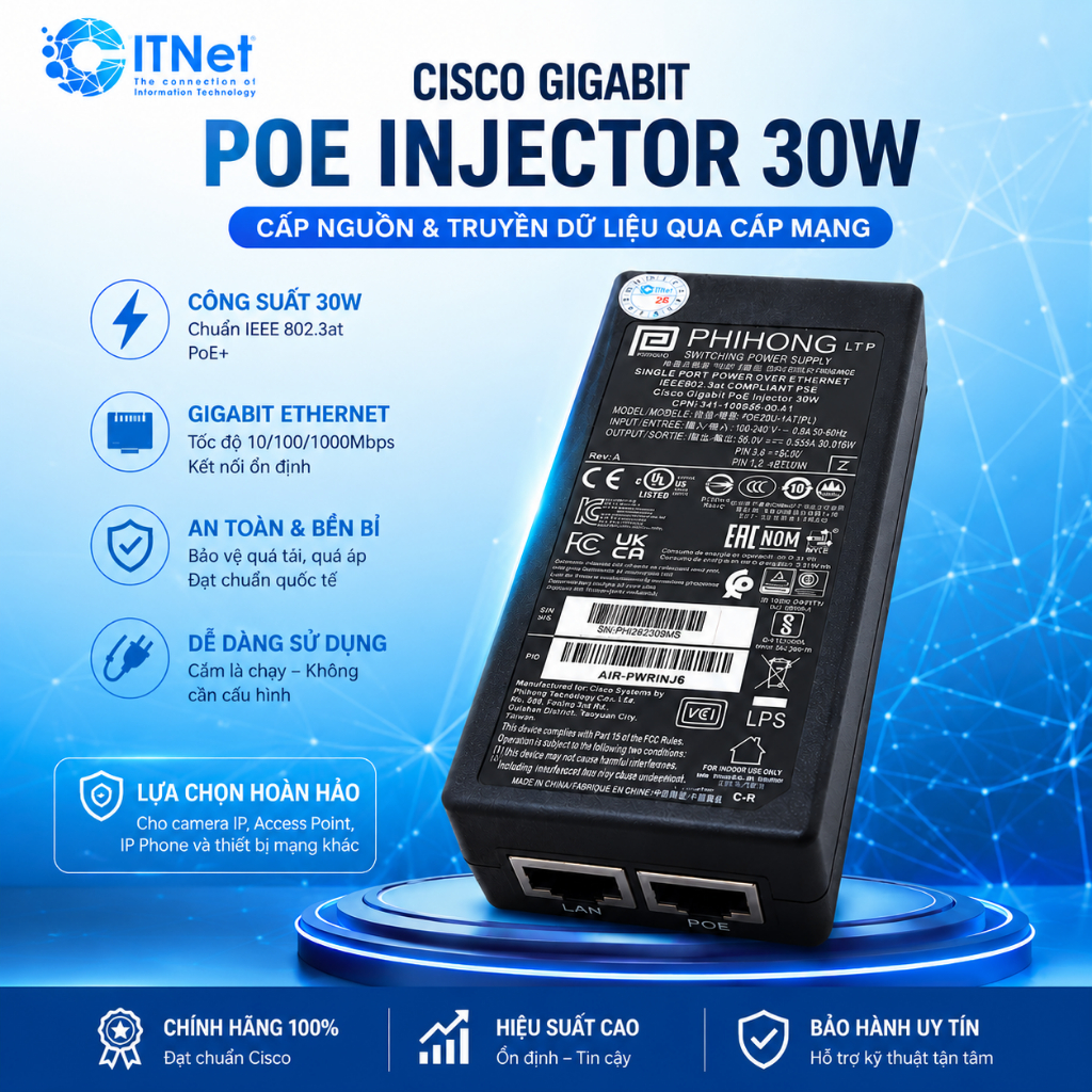 Nguồn PoE Cisco AIR-PWRINJ6 30W Gigabit dùng cho AP Cisco, Aruba, UniFi