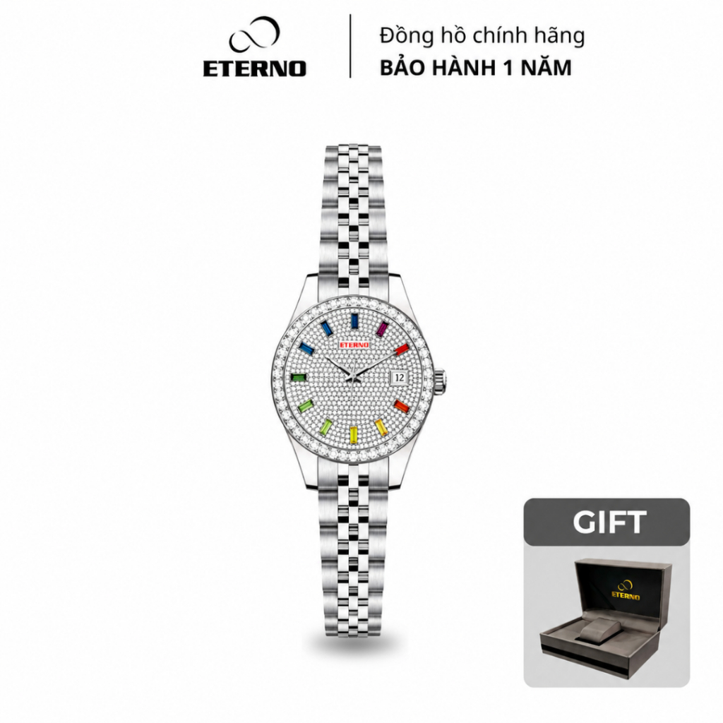 Đồng Hồ Nữ - Thương Hiệu ETERNO E26-0097L Dây Thép Không Gỉ Cao Cấp, Tone Bạc Trắng Đính Đá